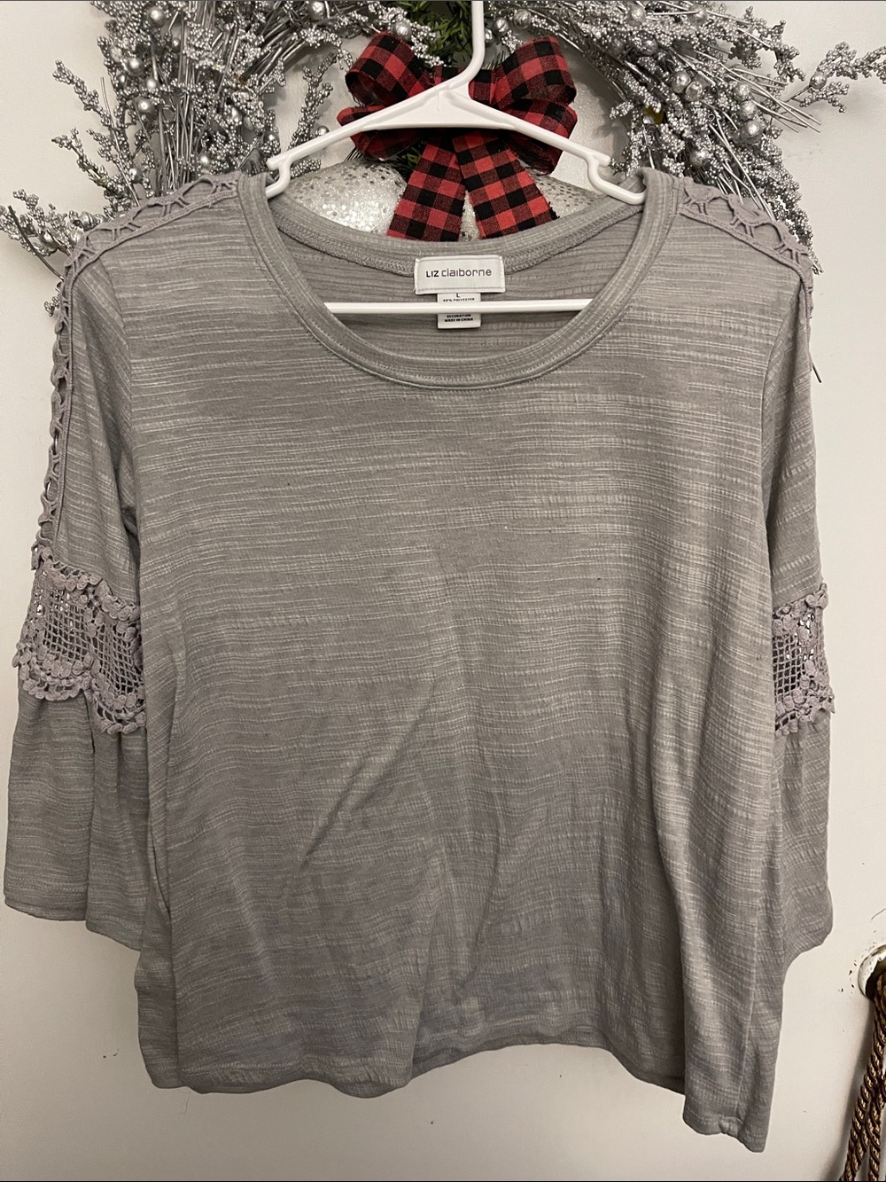 Liz Claiborne Light Gray Crochet-Trim Long Sleeve Tee